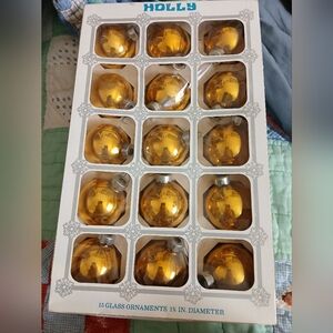Lot of 15 Vintage Mercury Glass Christmas Ornaments Gold Round Holly Brand